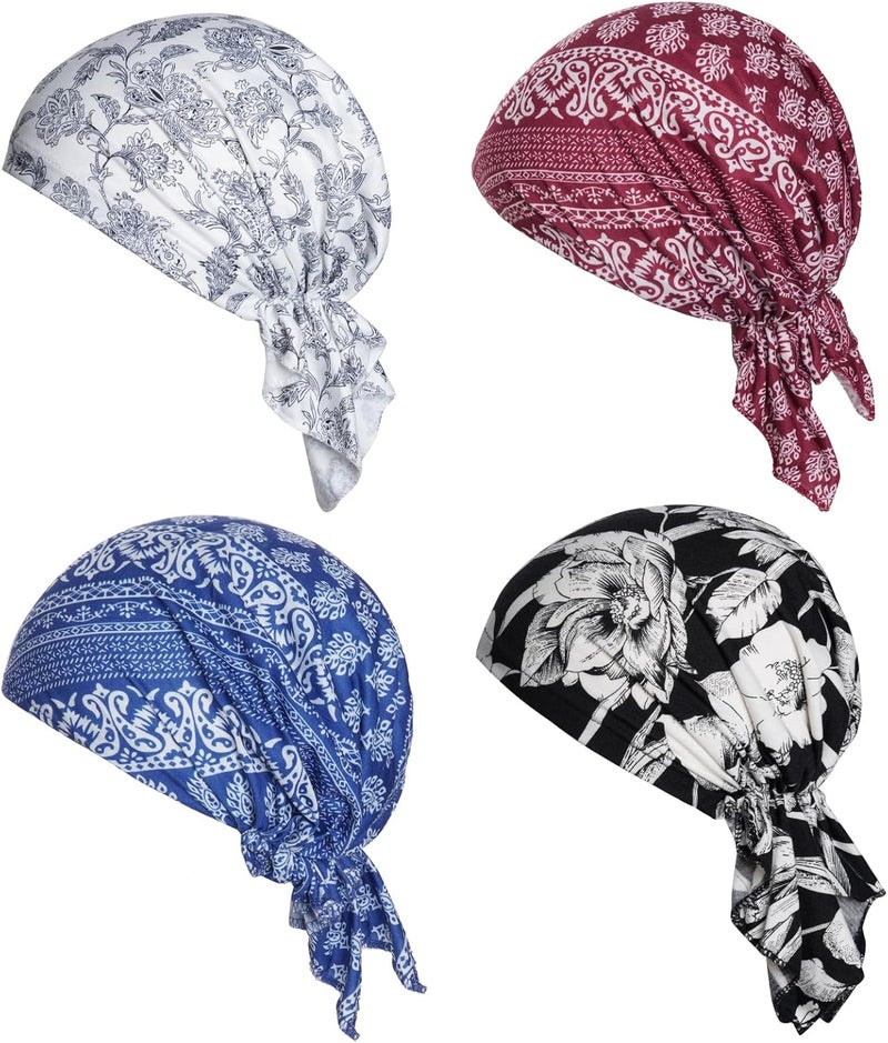 Sucrain 4pcs Pre-Tied Chemo Head Scarf Beanie Covers Cap Head Scarves Sleep Turban Hat Women Bandana with Stretch Print Ruffle - Image 1